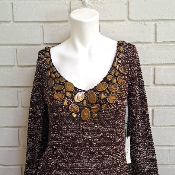 Vertigo Paris Brown/Cream Stone Detail V-Neck Sweater. Size Small NWT - Picture 2 of 10
